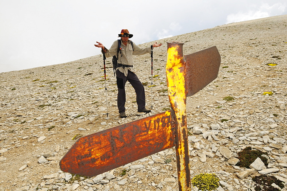 Helpless hiker at summit plateau of Monte Amaro, Caramanico Terme, Maiella National Park, Abruzzi, Italy, Europe