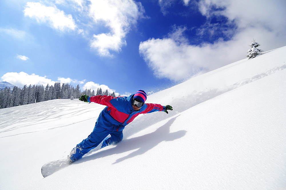 Snowboarder going downhill, Reit im Winkl, Chiemgau, Upper Bavaria, Bavaria, Germany, Europe