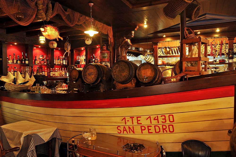 Decoration with boat and wine cask, In the restaurant El Monasterio, Los Realejos, Tenerife, Canary Islands, Spain