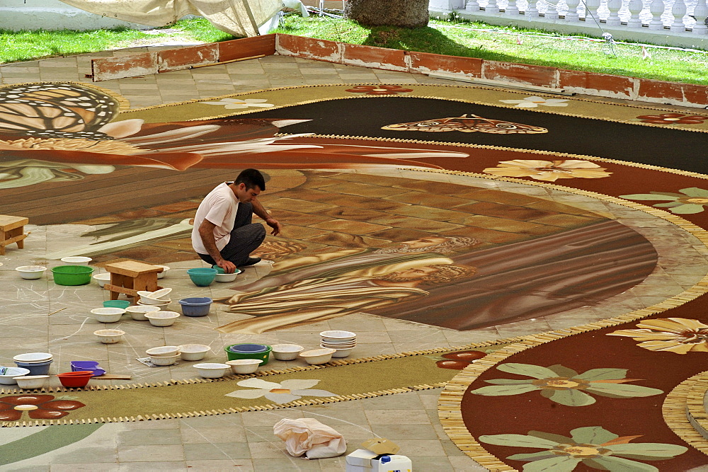 Sand carpet beeing layed out at corpus cristi, La Orotava, Tenerife, Canary Islands, Spain