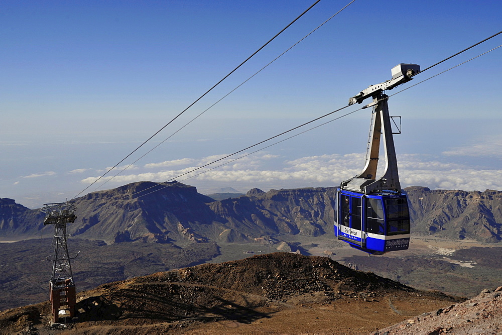 Cable railway high above Canadas de Teide mowing to mountain station, Teide Nationalpark, Tenerife, Spain