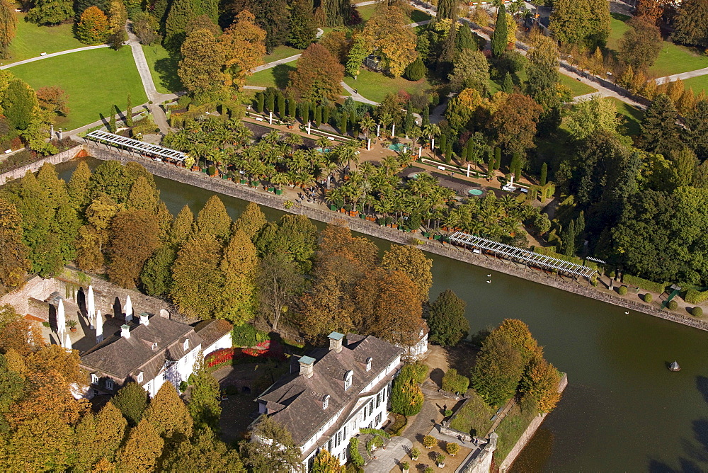 Aerial view of Bad Pyrmont castle and gardens, moat and palm garden, Lower Saxony, Germany