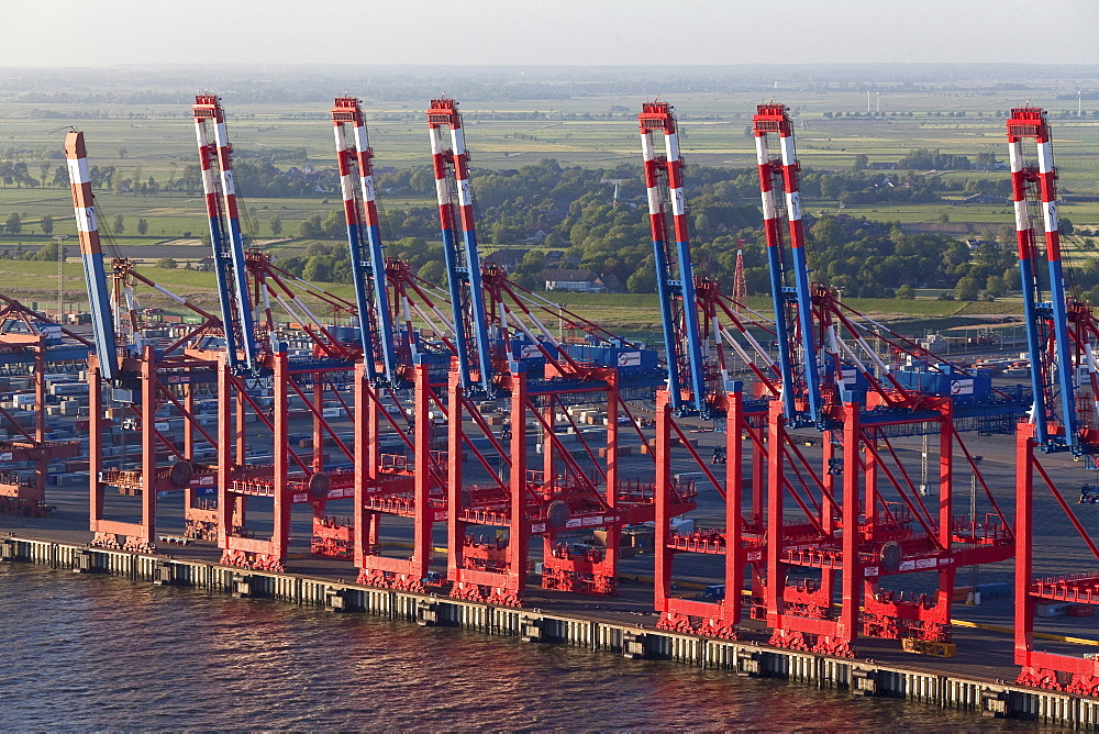 Aerial view of the container port terminal with gantry cranes, Bremerhaven, Bremen, Germany