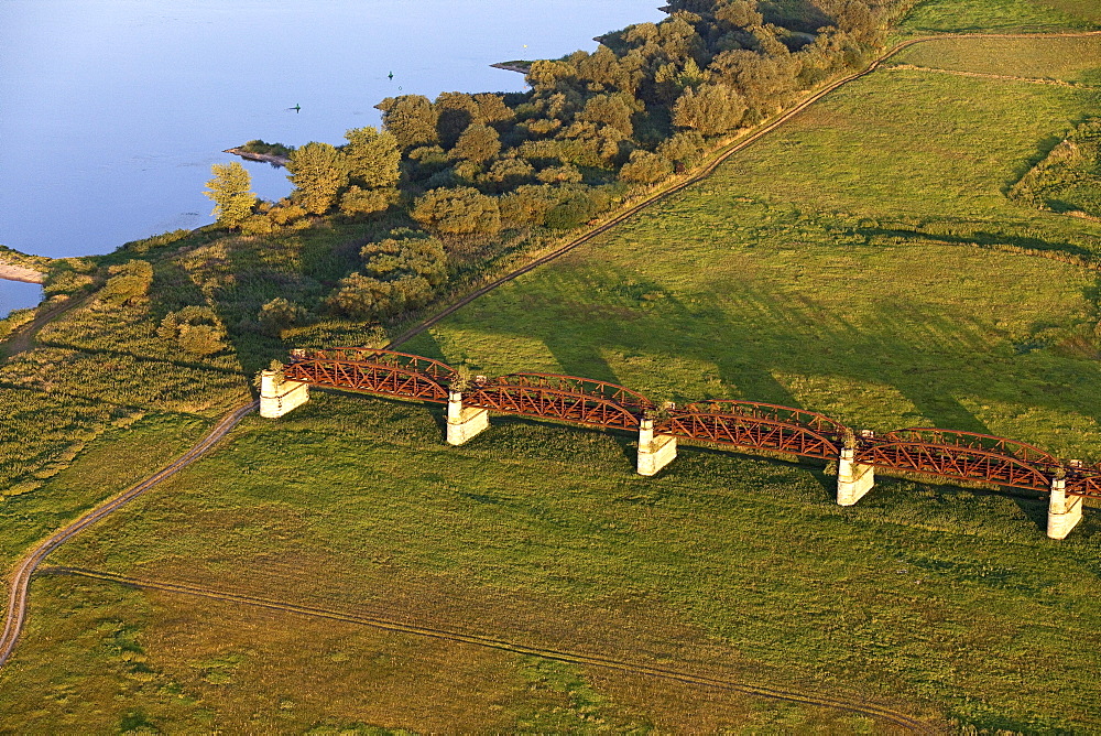 Aerial view of the Doemitz railway bridge monument, near Doemitz, bombed in 1945, former German border, Lower Saxony, Germany