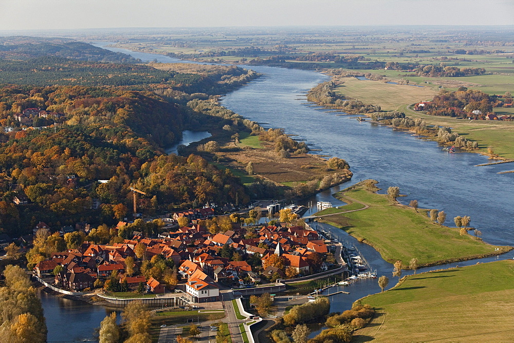 Aerial view of the town of Hitzacker on the junction of the Jeetzel River along the upper Elbe River, Hitzacker, Lower Saxony, Germany