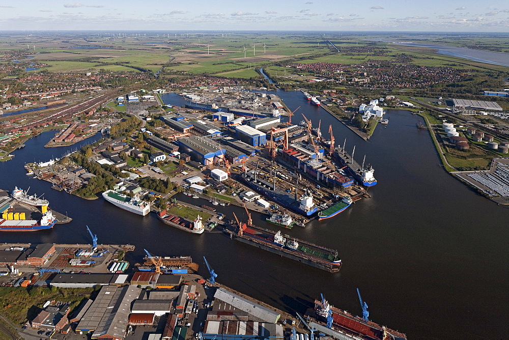 Aerial view of Emden harbour with docks and wharfs, Emden, Lower Saxony, Germany