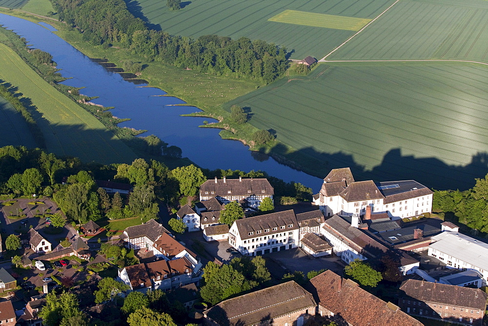 Aerial view of the famous porcelain manufacturer Fuerstenberg, Weser region, Fuerstenberg, Lower Saxony, Germany