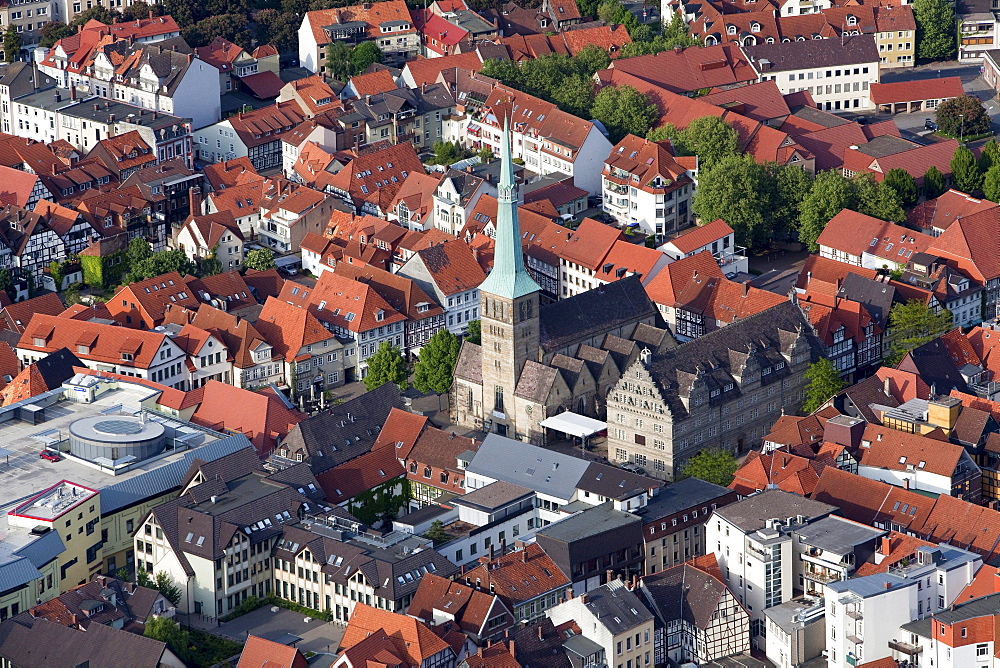 Aerial view of the historic old town of Hamelin, Hameln, Church of St Nicolai, Lower Saxony, Germany