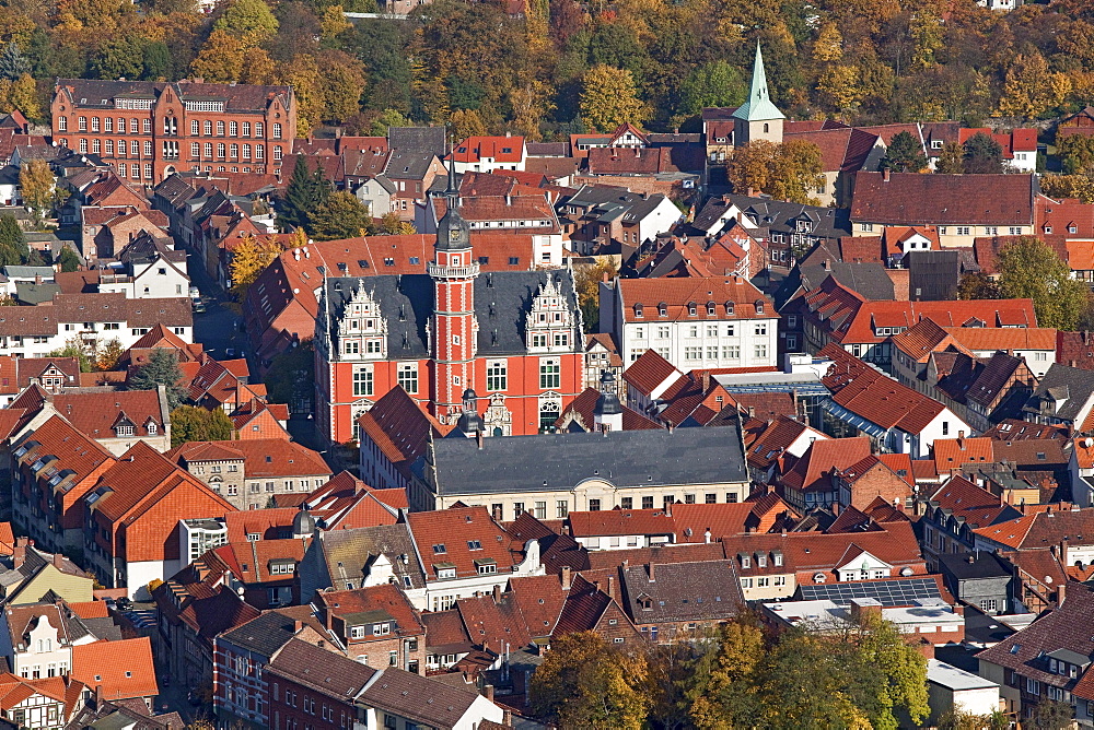 Aerial view of Helmstedt old town, Juleum Novum, former university auditorium, Weser Renaissance, Lower Saxony, Germany