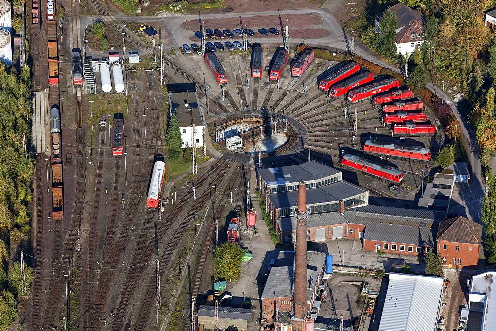 Aerial view of a railway turntable for the German Railways in Osnabrueck, red engines, Osnabrueck, Lower Saxony, Germany