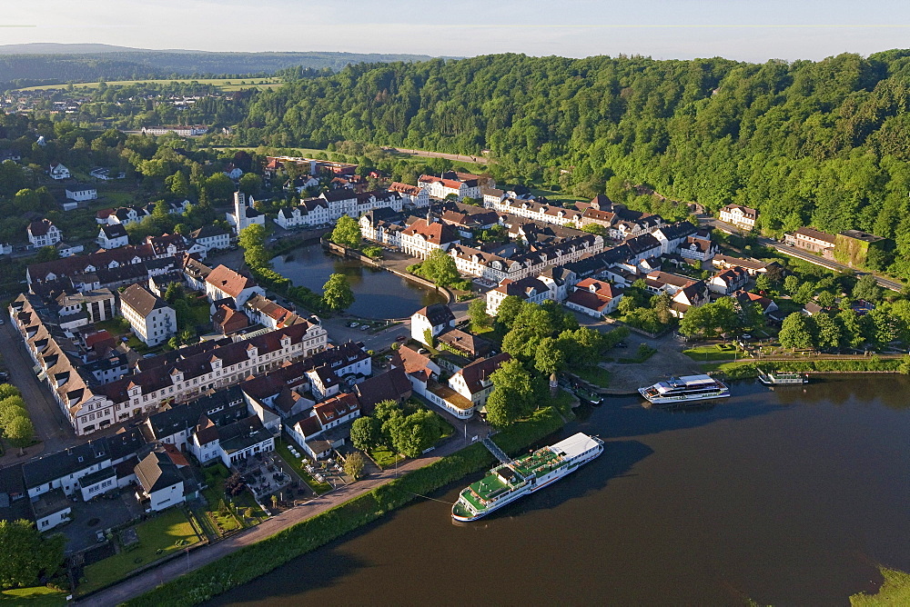 Excursion boat in harbor, Bad Karlshafen, Weser Hills, Hesse, Germany