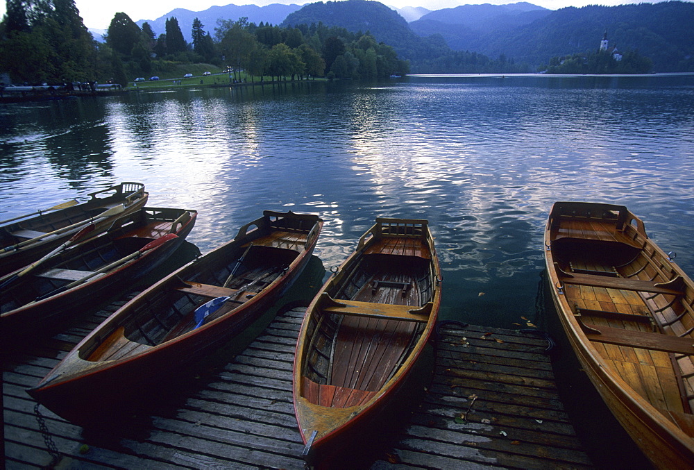 Lake Bled with the famous gondolas, Slovenia