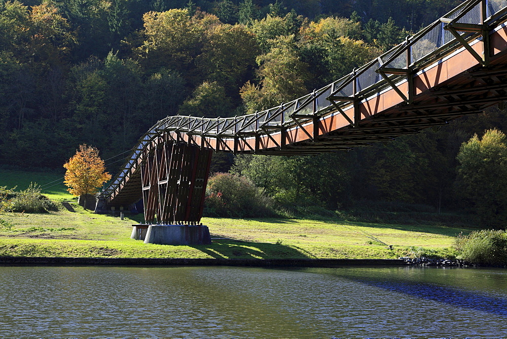 Wood bridge, near Essing, nature park Altmuehltal, Franconian Alb, Franconia, Bavaria, Germany