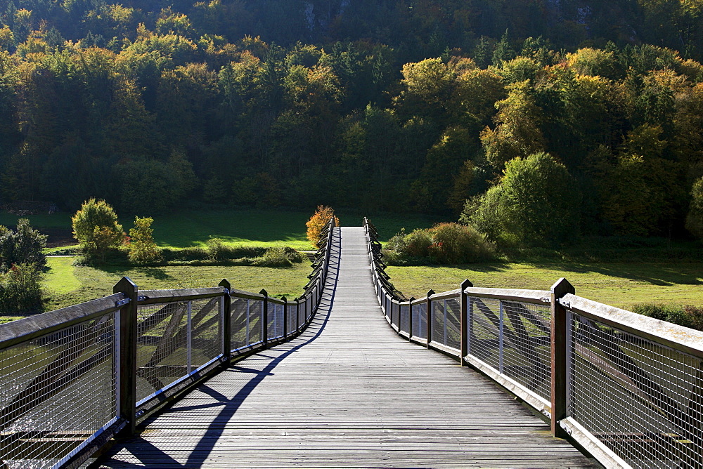 Wood bridge, near Essing, nature park Altmuehltal, Franconian Alb, Franconia, Bavaria, Germany