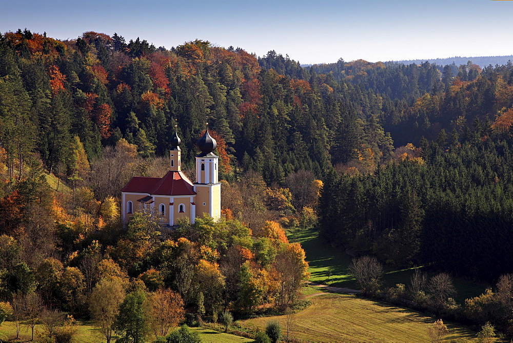 Pilgrimage church St. Sebastian, near Breitenbrunn, nature park Altmuehltal, Franconian Alb, Franconia, Bavaria, Germany