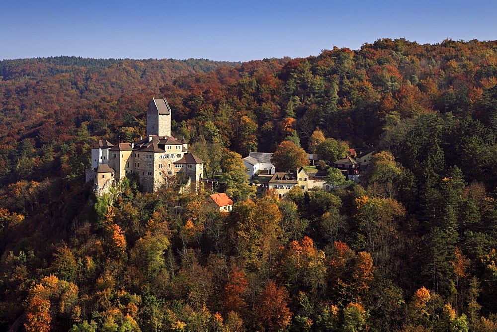 View from Michelsberg rock to the castle, Kipfenberg, nature park Altmuehltal, Franconian Alb, Franconia, Bavaria, Germany