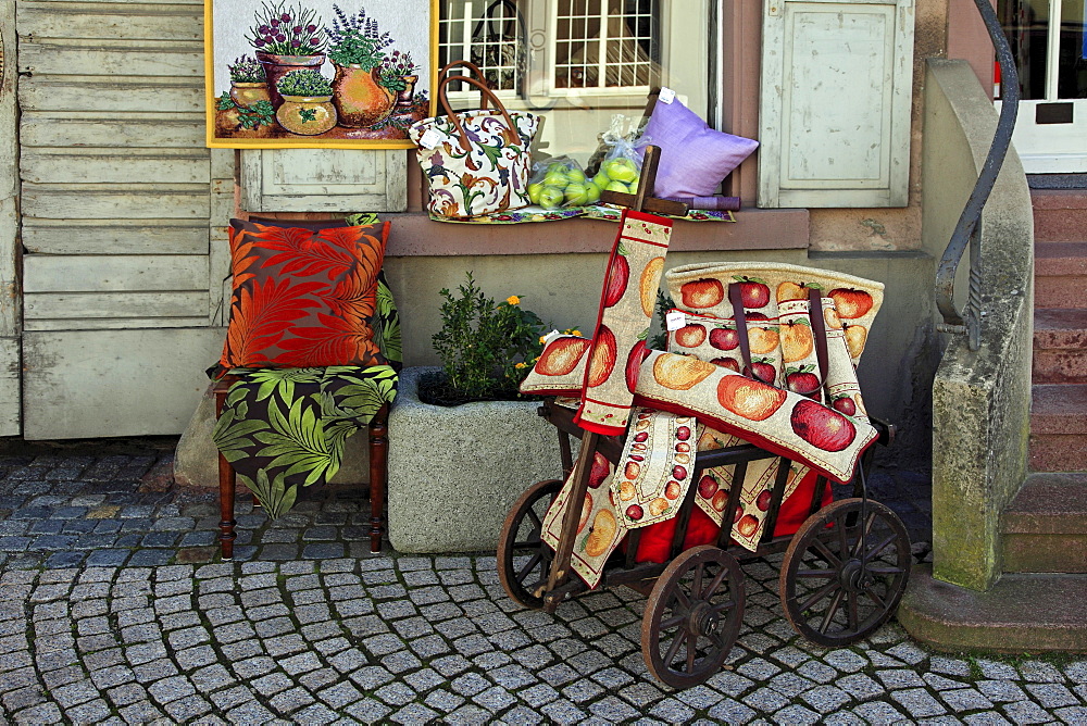 Advertising of a draperÂ¥s shop, Endingen, Kaiserstuhl, Breisgau, Black Forest, Baden-Wuerttemberg, Germany