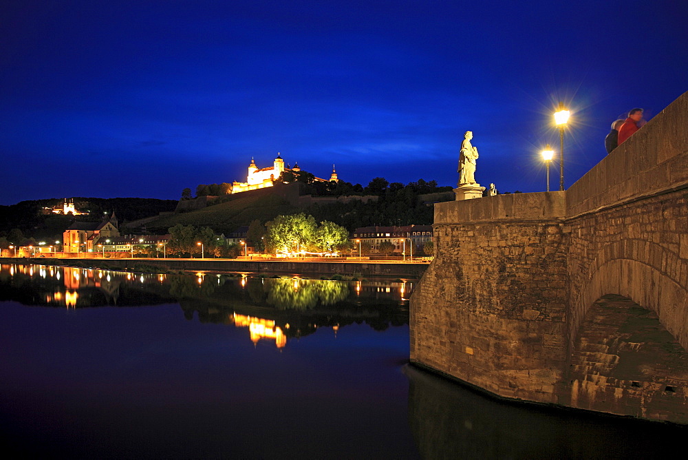 View from the old Main bridge to Marienberg castle, Wuerzburg, Main river, Franconia, Bavaria, Germany