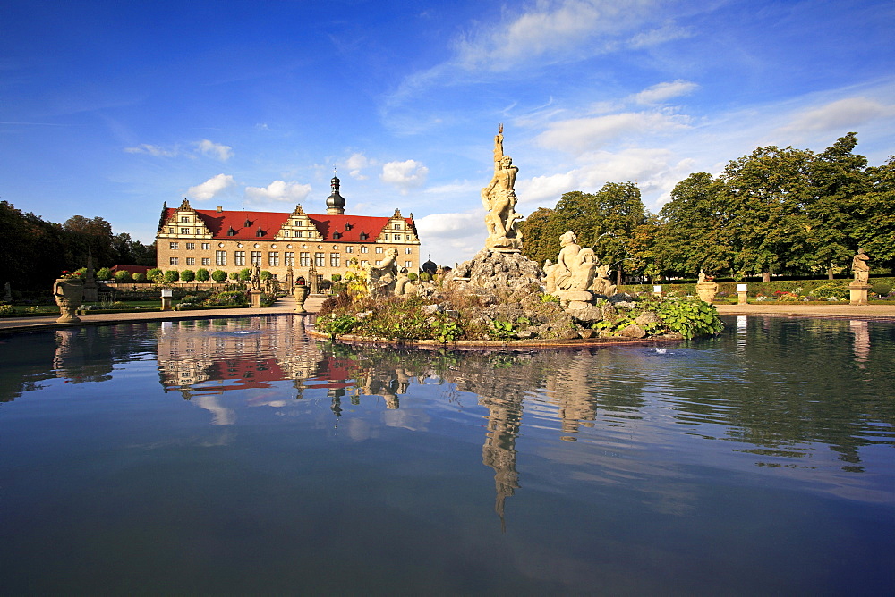 Fountain at the palace gardens, Weikersheim, Tauber valley, Romantic Road, Baden-Wurttemberg, Germany