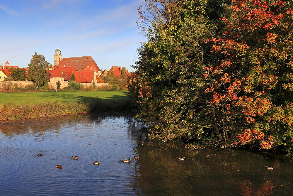 View from the pond to the cathedral, Dinelsbuehl, Romantic Road, Franconia, Bavaria, Germany