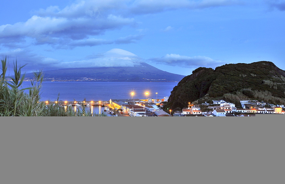 View at the town of Horta and neighbouring island Pico at dusk, Island of Faial, Azores, Portugal, Europe