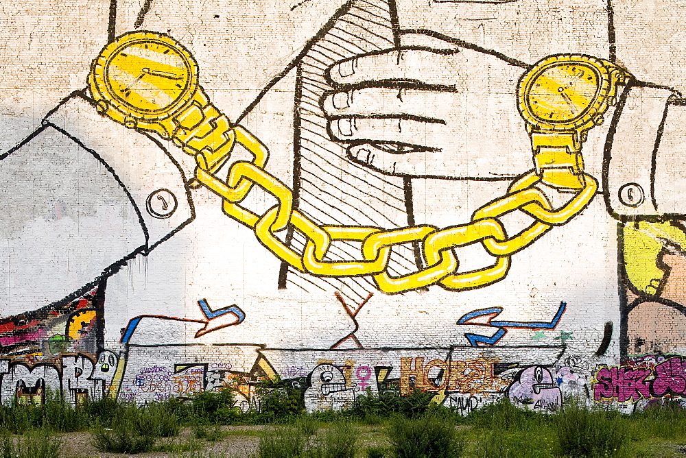 Wall paintings on buildings at Cuvry Street, Berlin-Kreuzberg, Berlin, Germany, Europe