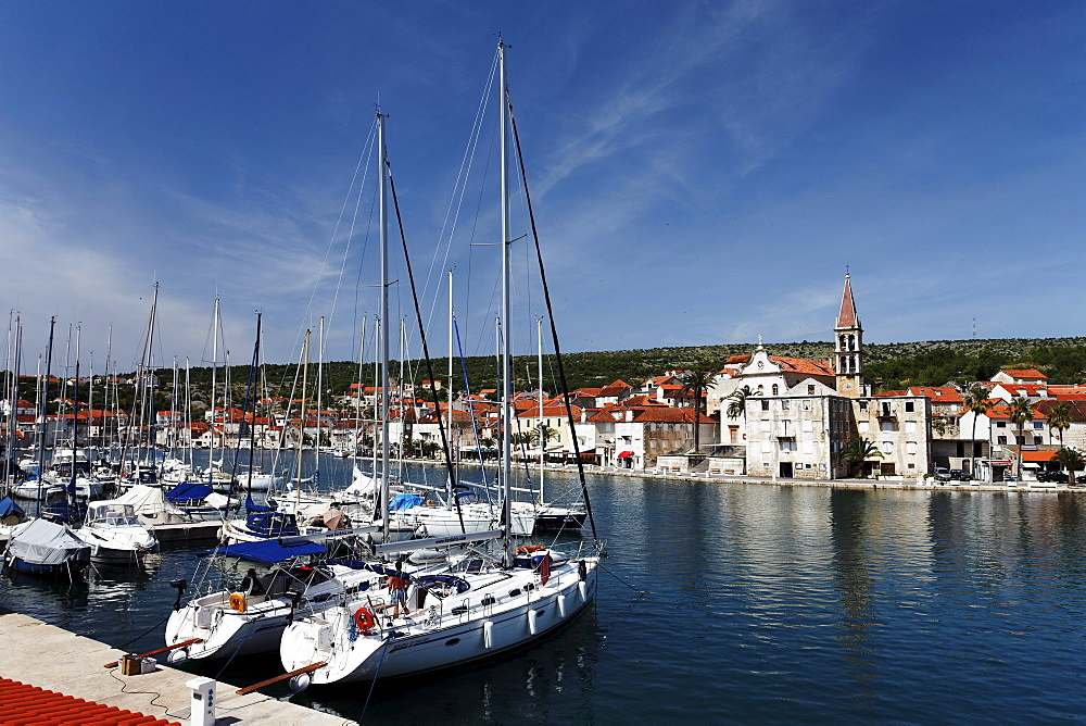 View over harbor to St. Mary's Church, Milna, Brac, Split-Dalmatia, Croatia