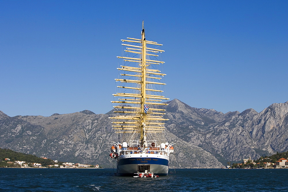 Sailing Cruiseship Royal Clipper (Star Clipper Cruises) at Anchor in Kotor Fjord, Kotor, Montenegro