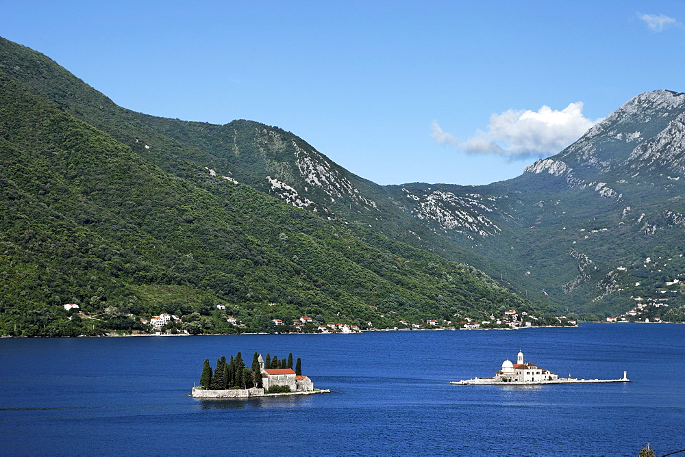 Small islands with churches in the bay of Kotor, Island Sveti Dorde and Island Gospa od Skrpjela, Montenegro, Europe