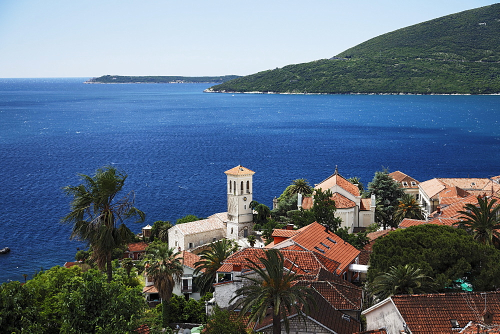 View over the roofs of the old town of Herceg Novi onto the Bay of Kotor, Montenegro, Europe