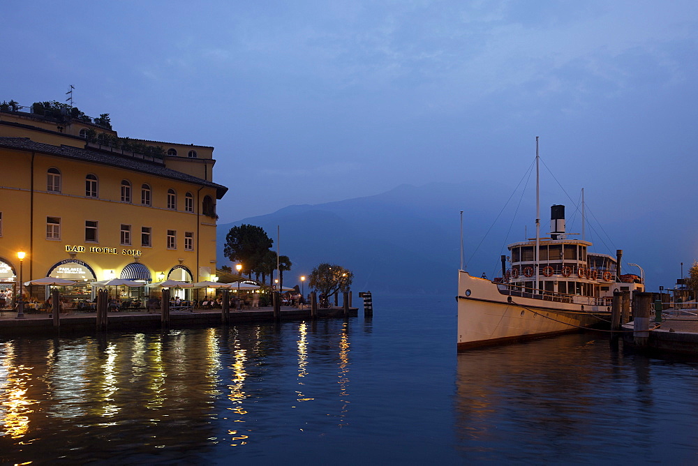 Quay in the evening, Paddle Wheel Steamer at the pier, Riva, Lake Garda, Trento, Italy