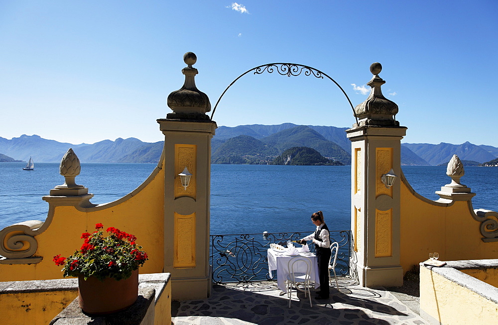 Outdoor, Staff lays the table, Hotel Royal Victoria, Varenna, Lake Como, Lombardy, Italy