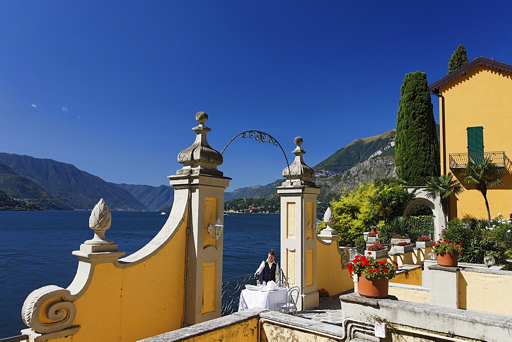 Outdoor, Staff lays the table, Hotel Royal Victoria, Varenna, Lake Como, Lombardy, Italy