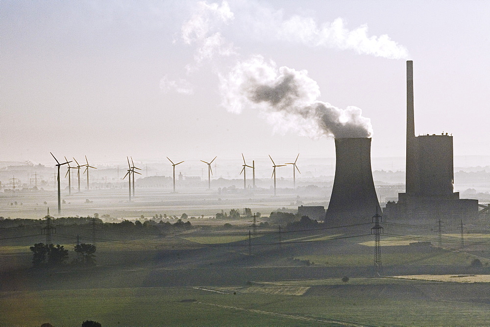 aerial view of coal power station, and wind turbines, Mehrum, Hanover, Lower saxony, northern Germany