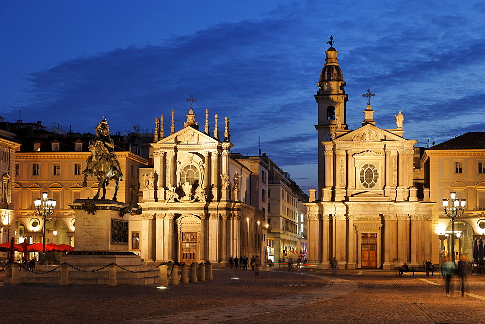 Statue Emanuele Filiberto, Church of Santa Cristina, Church of San Carlo, Piazza San Carlo, Turin, Piedmont, Italy