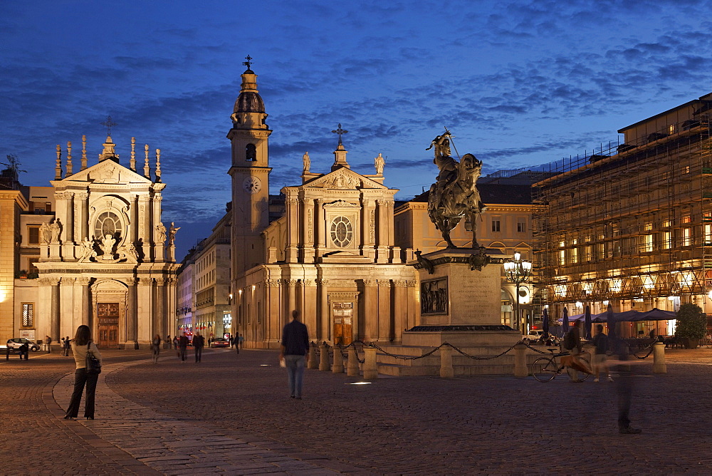 Statue Emanuele Filiberto, Church of Santa Cristina, Church of San Carlo, Piazza San Carlo, Turin, Piedmont, Italy