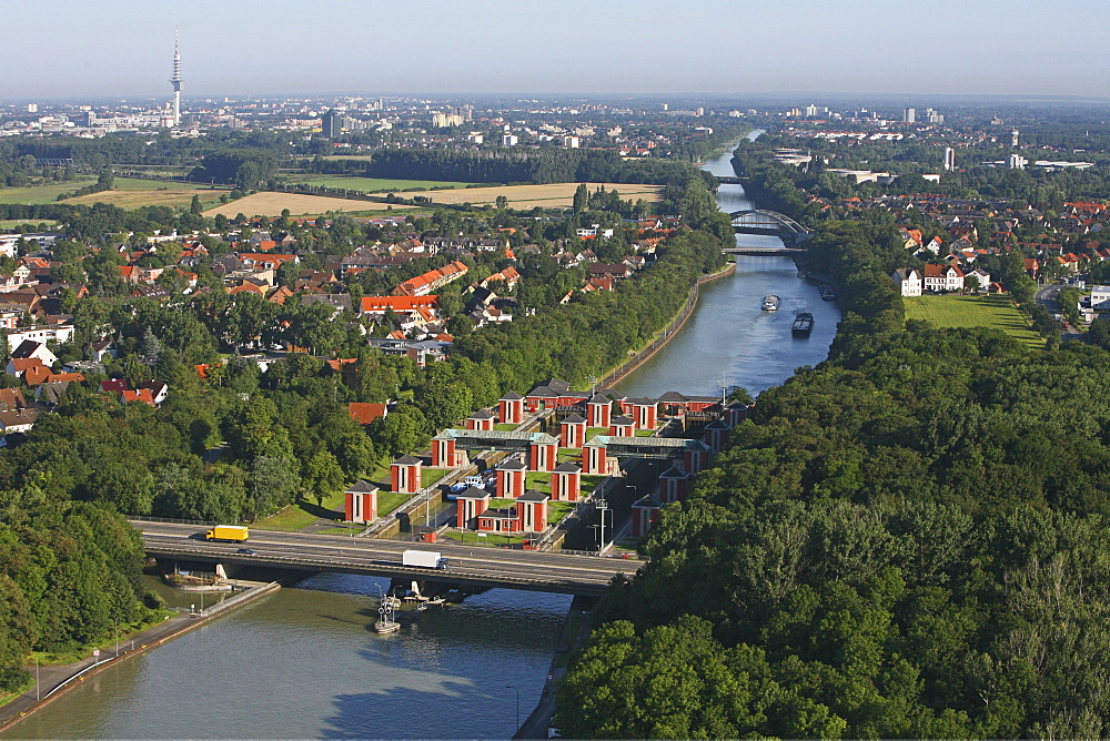 aerial view of the Hindenburg locks on the Mittelland Canal Midland Canal, in Anderten, Hanover Lower saxony, northern Germany