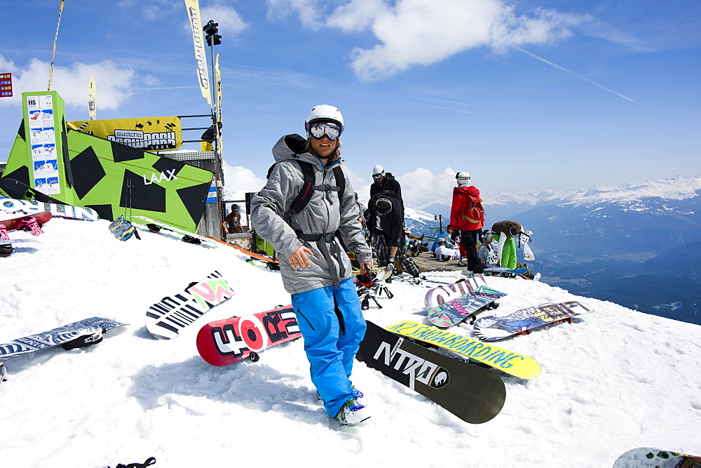 Snowboarder, Cafe No Name, Flims Laax Falera ski area, Grisons, Switzerland