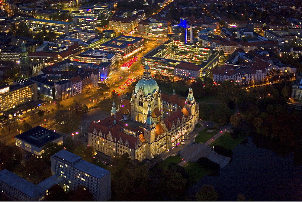 night aerial shot, New Town Hall, Hanover city centre, Hanover, Lower Saxony