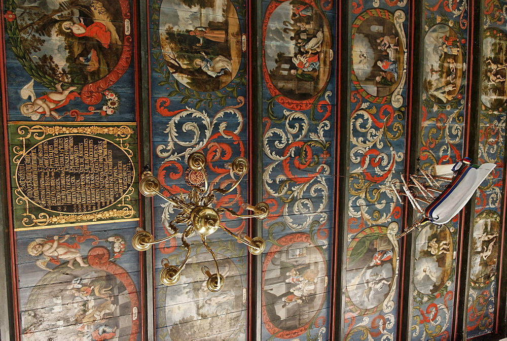 Wooden ceiling of the Hallig Church on the Kirchwarf, Hallig Langeness, North Sea, Schleswig-Holstein, Germany