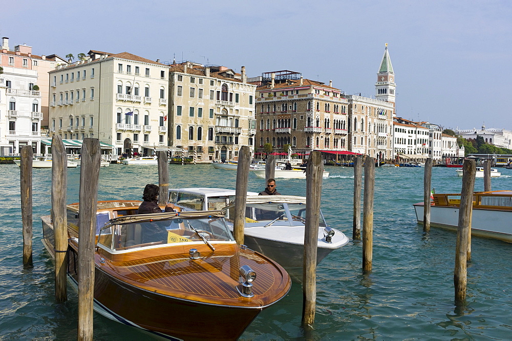 Water taxis on the Canale Grande with Campanile tower in the background, Campanile di San Marco, Venice, Veneto, Italy, Europe