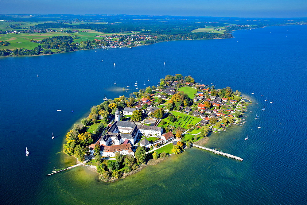 Aerial view of the Frauenchiemsee Abbey, Fraueninsel in the background with Herrenchiemsee on the left side, Chiemsee, Chiemgau, Upper Bavaria, Bavaria, Germany