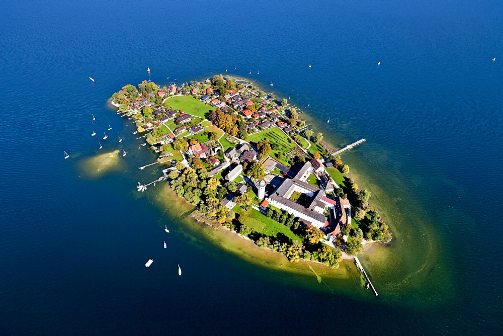 Aerial view of the Frauenchiemsee Abbey, Fraueninsel in the background with Herrenchiemsee on the left side, Chiemsee, Chiemgau, Upper Bavaria, Bavaria, Germany