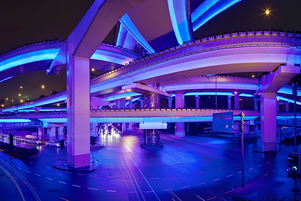 Luban Road Motorway Interchange at night, Luwan, Shanghai, China