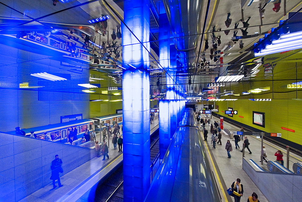 Muenchner Freiheit, Light designer Ingo Mauer, Undeground Station at night, Munich, Upper Bavaria, Bavaria, Germany