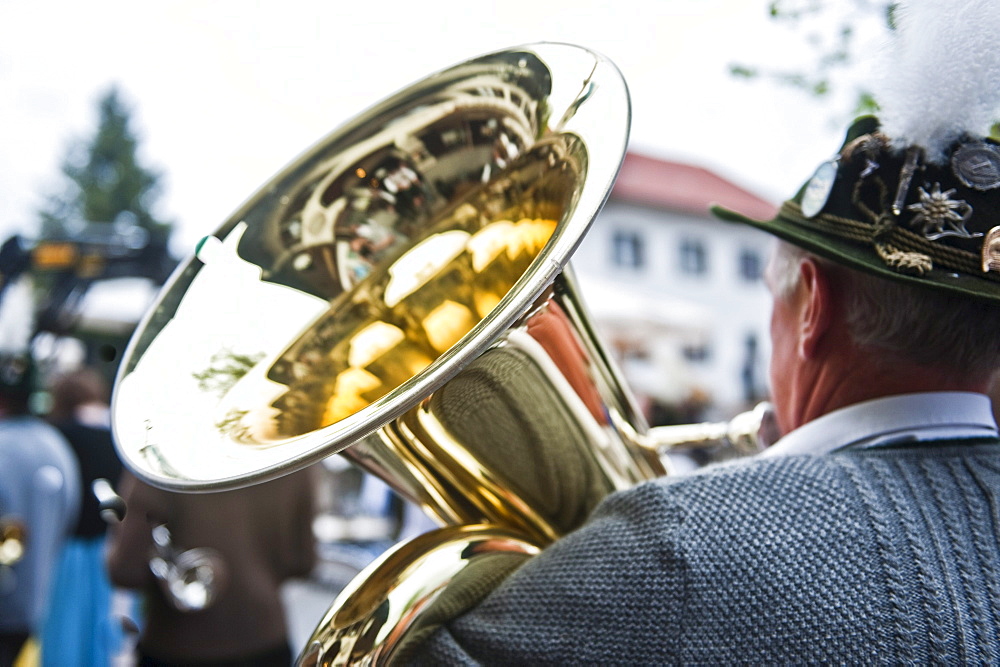 Musician with a tube during the Maypole celebration, Sindelsdorf, Weilheim-Schongau, Bavarian Oberland, Upper Bavaria, Bavaria, Germany