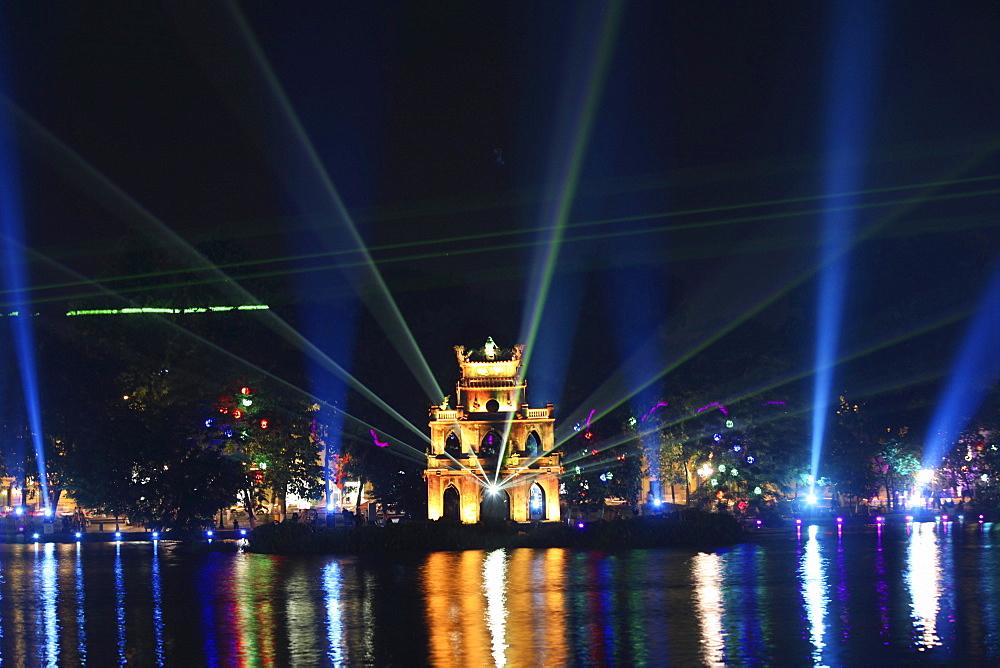 Lasershow over Hoan Kiem Lake with Thap Rua temple, Hanoi, Vietnam, Asia