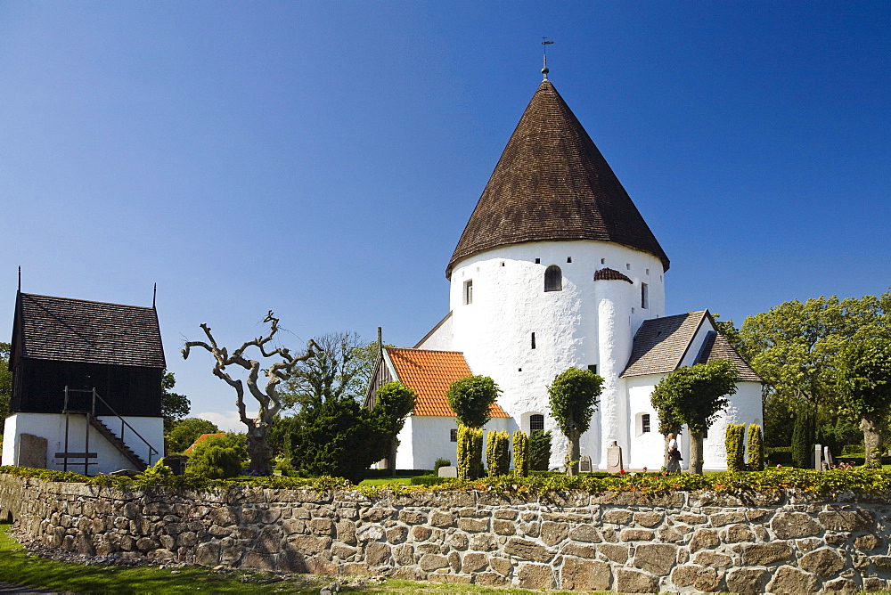 Round church Ols Kirke under blue sky, St. Ols Kirke, Bornholm, Denmark, Europe