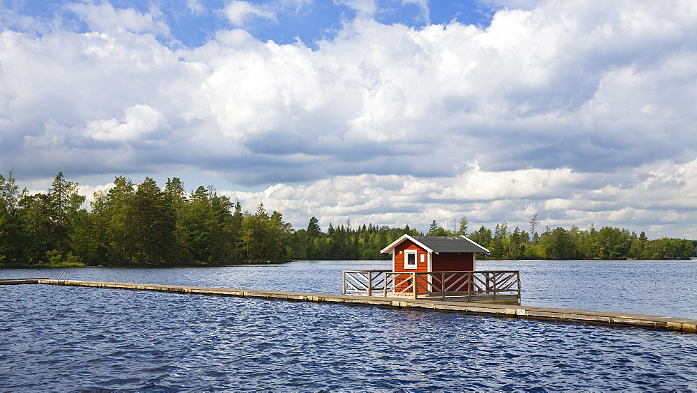 Swedish lake under clouded sky, Smaland, South Sweden, Scandinavia, Europe