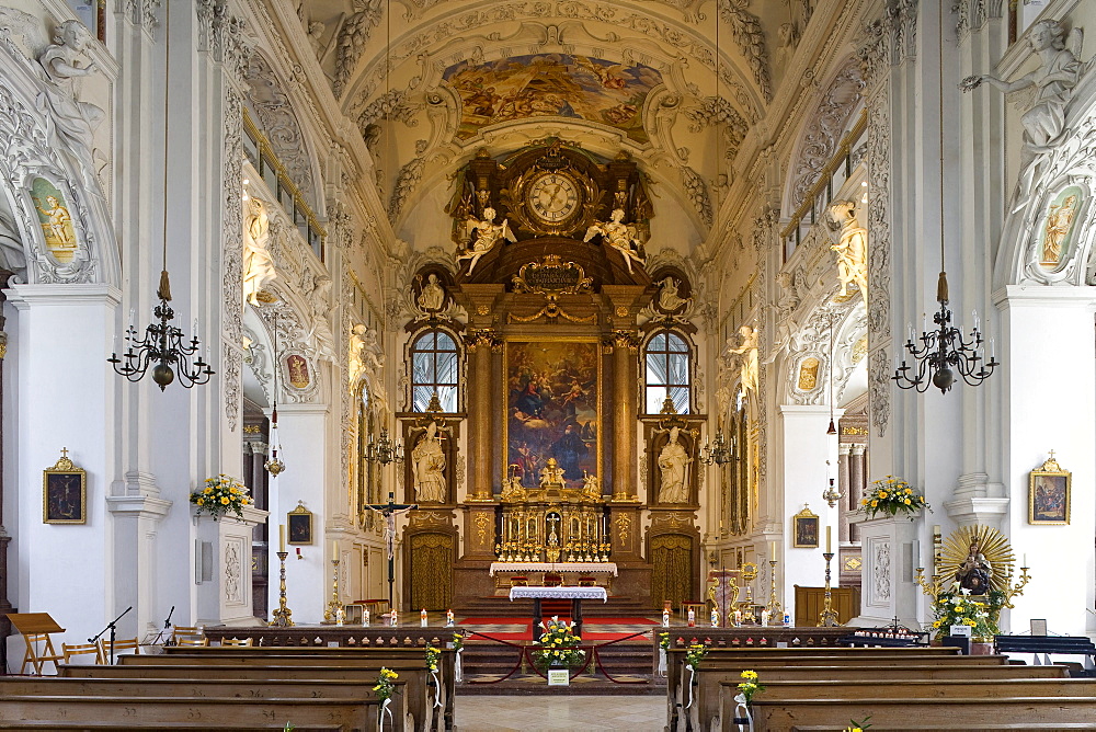 Interior view of abbey church of Benediktbeuern monastery, former Benedictine abbey, Benediktbeuern, Bavaria, Germany, Europe